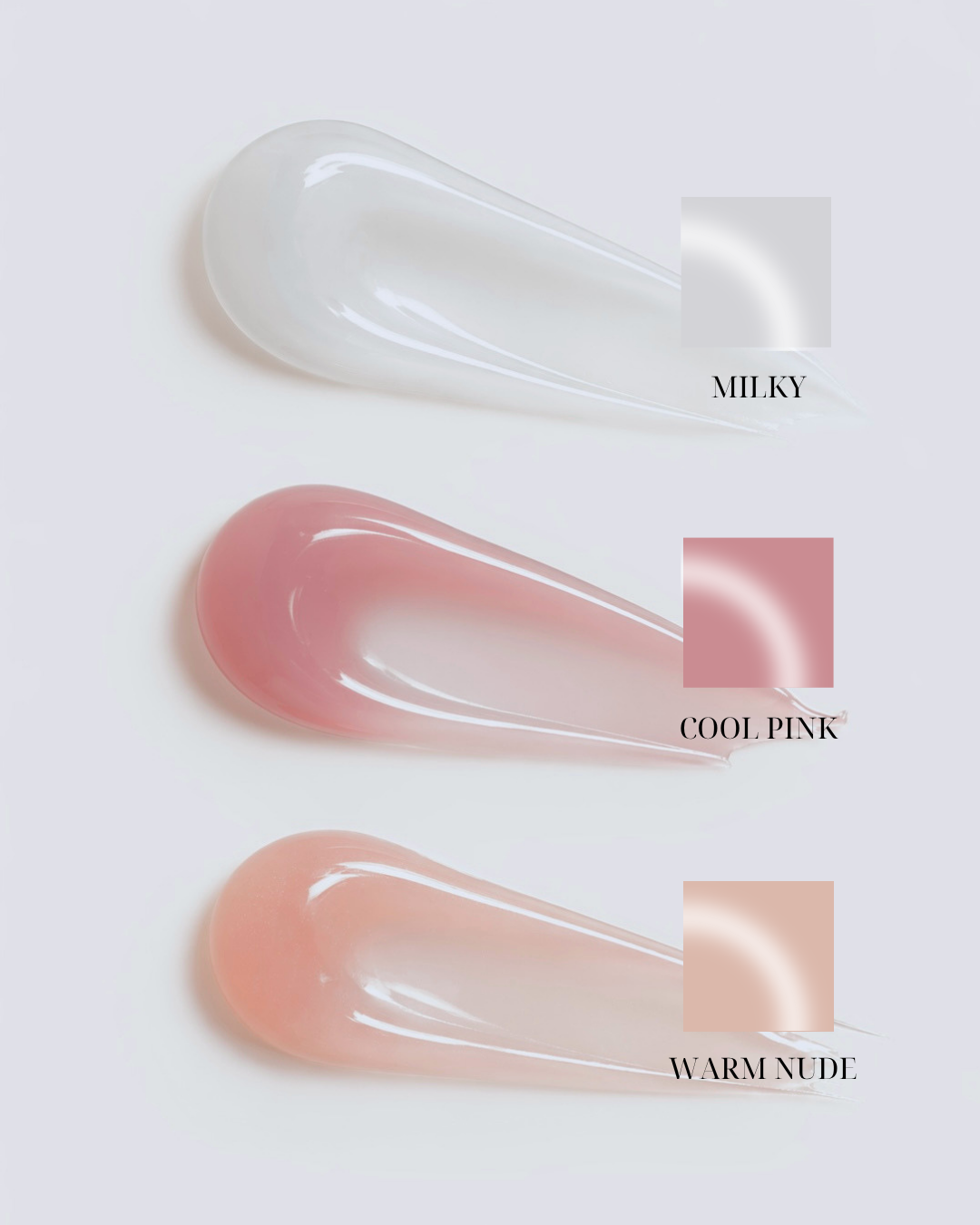 Base colour chart showing Milky, Cool Pink and Warm Nude