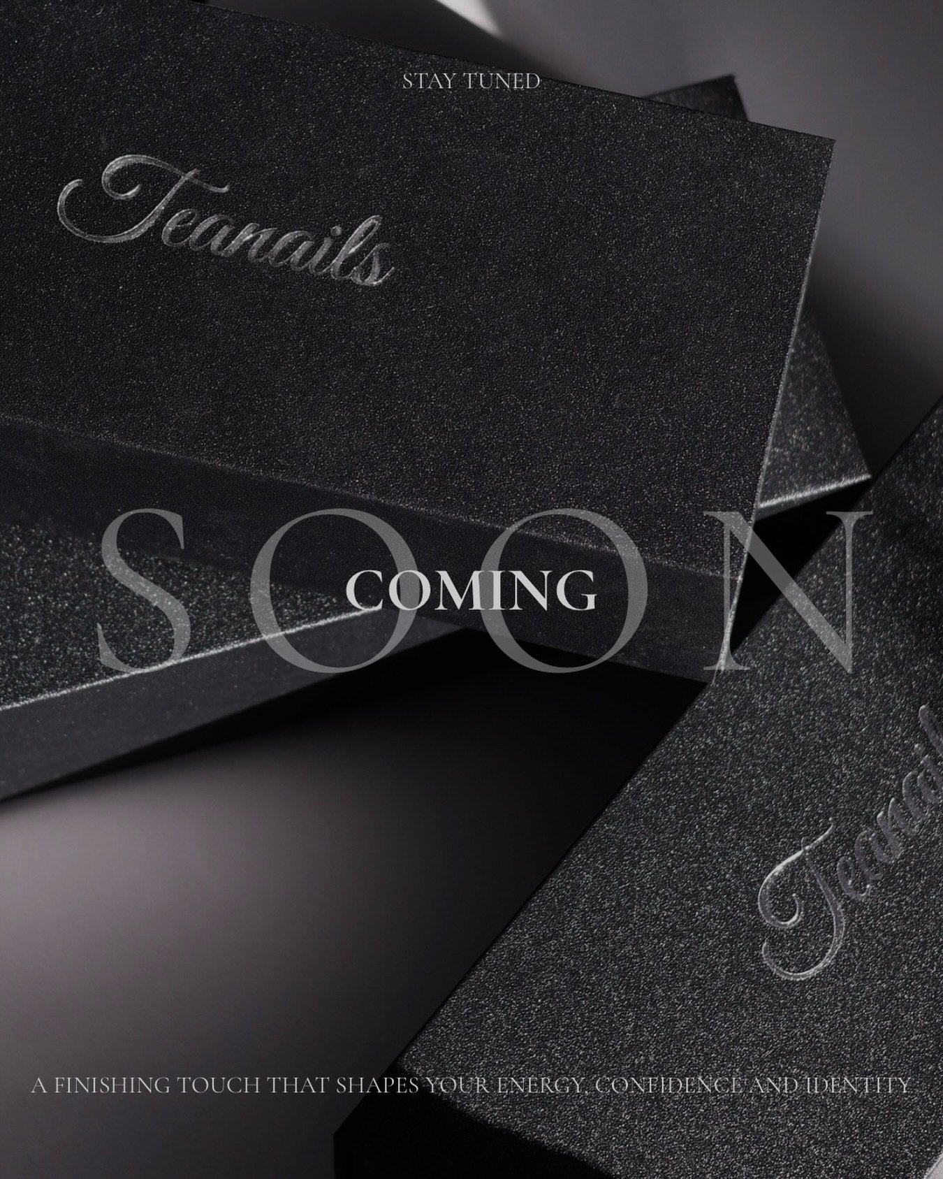 Matte-black Teanails packaging card with silver script wordmark