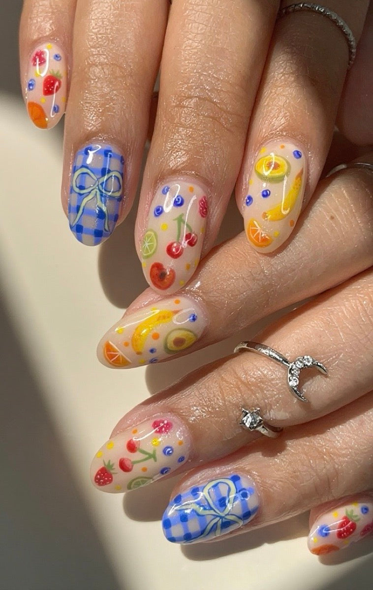 Fruit gingham — custom nail design