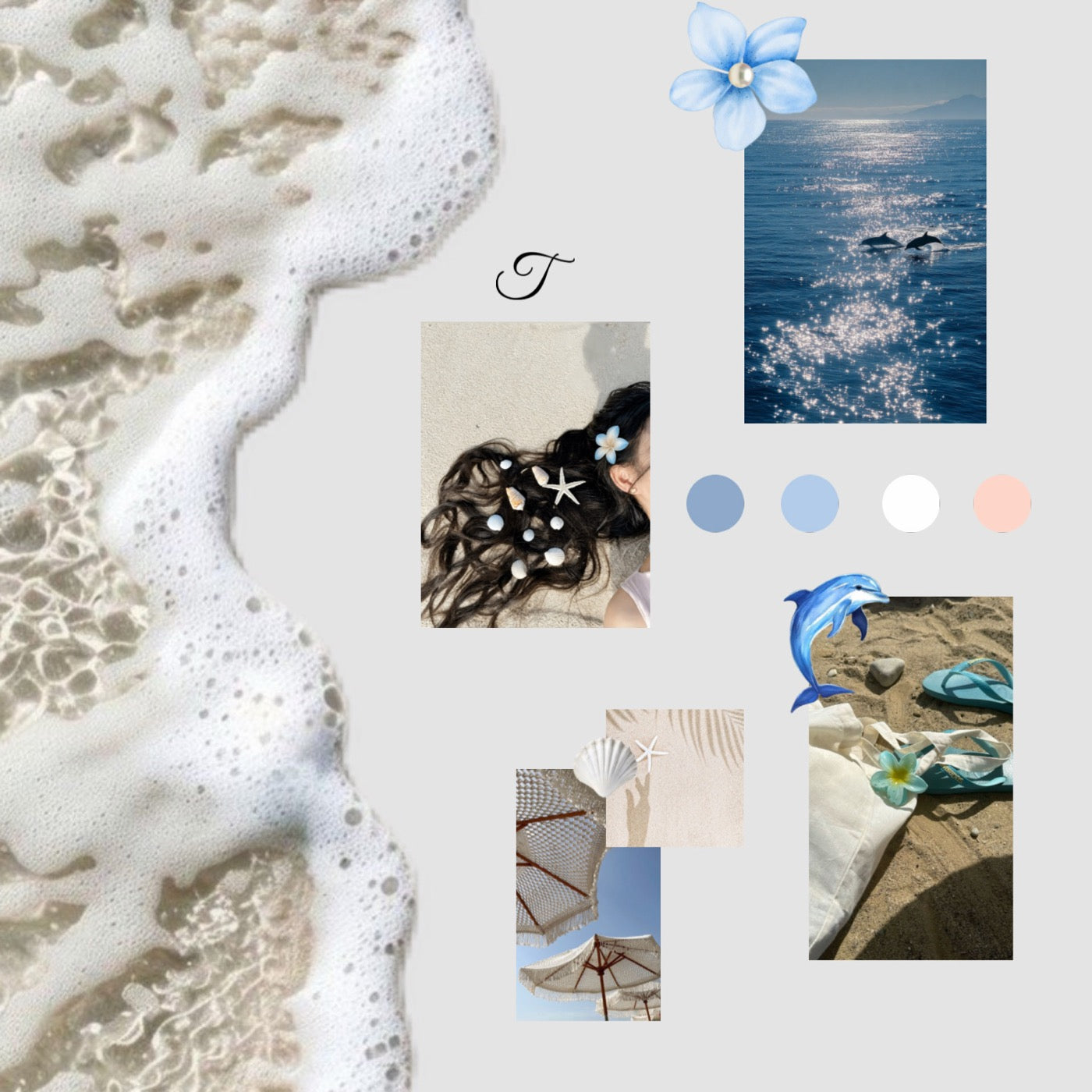 A morning by the sea — sea foam, pale shells and the light on the water set the palette of soft nude and pastel blue.